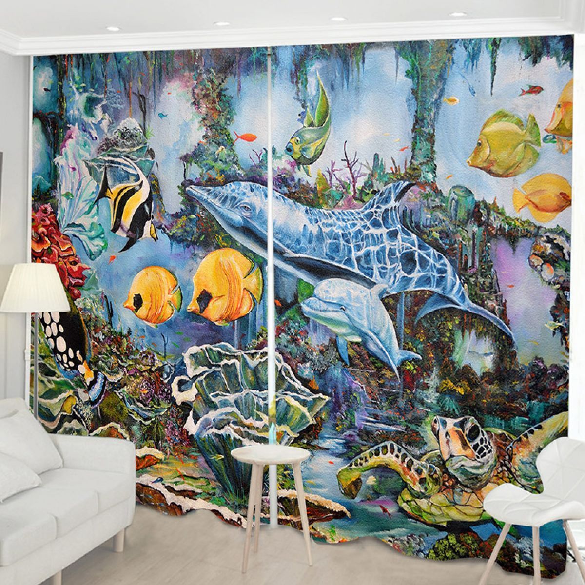 modern 3d fishes in the deep sea printed window curtain home decor 3212