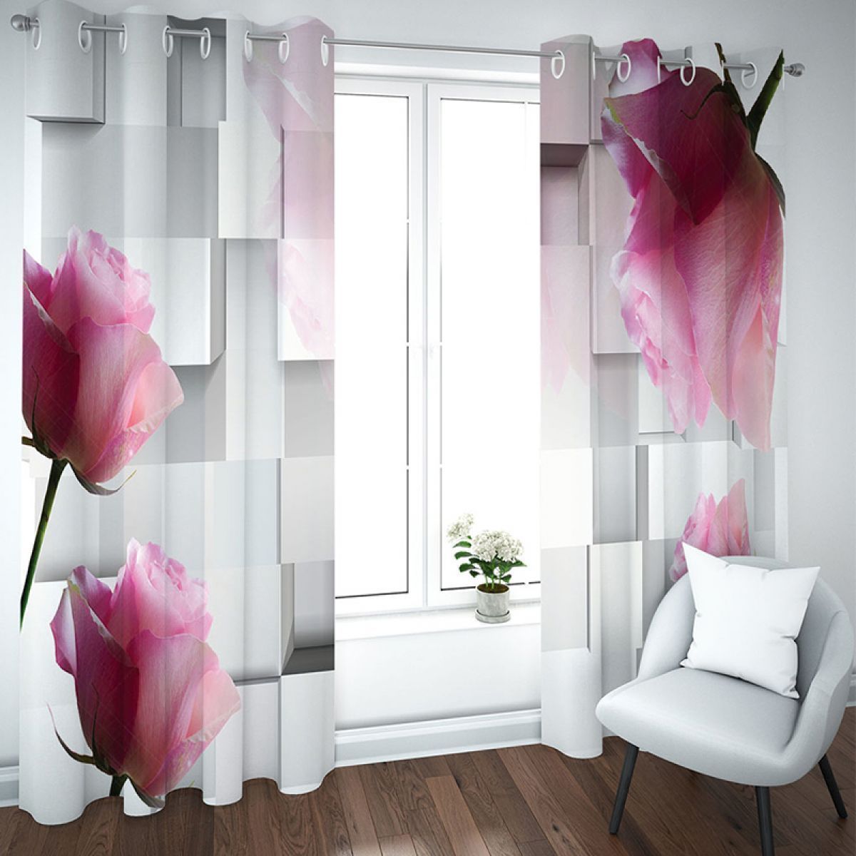 modern 3d geometric and roses printed window curtain home decor 4503