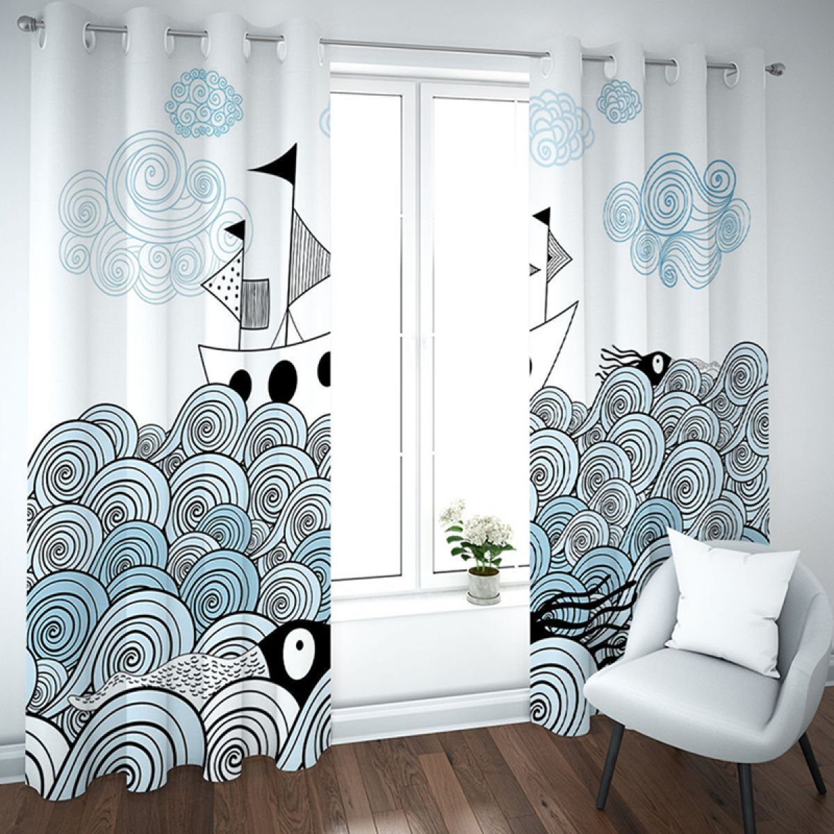 modern 3d sailboat and waves printed window curtain home decor 5767