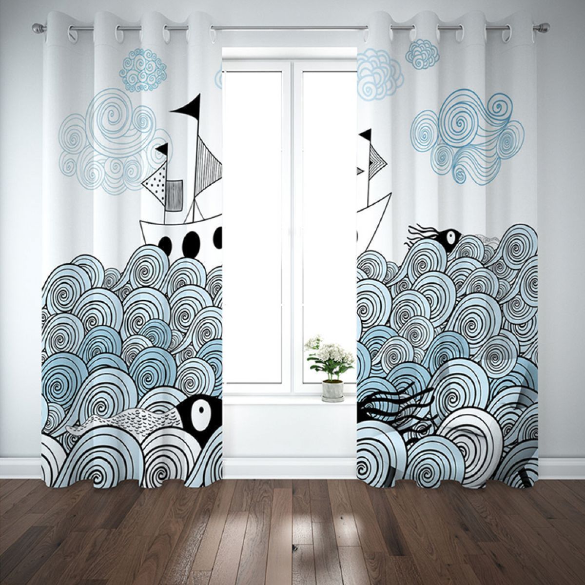 modern 3d sailboat and waves printed window curtain home decor 8973