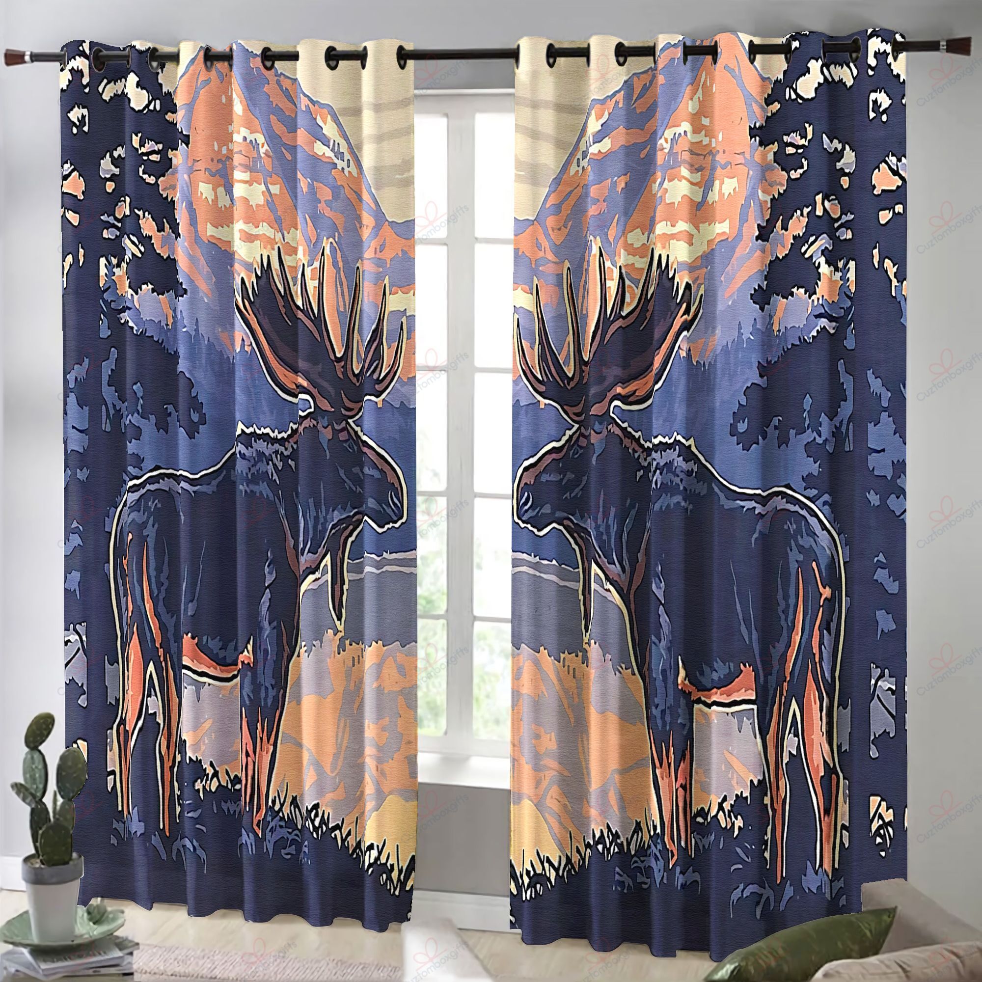 moose at mountain printed window curtain home decor 3735