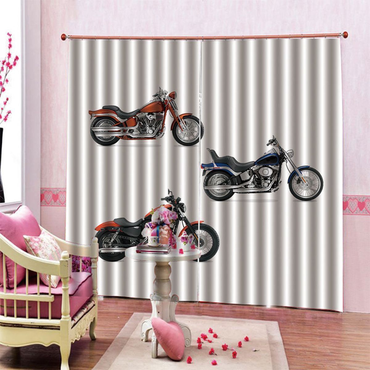 motorcycle in white printed window curtain home decor 6552