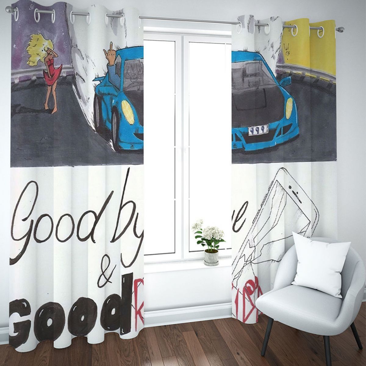 moving car and broken mobile phone printed window curtain home decor 6049