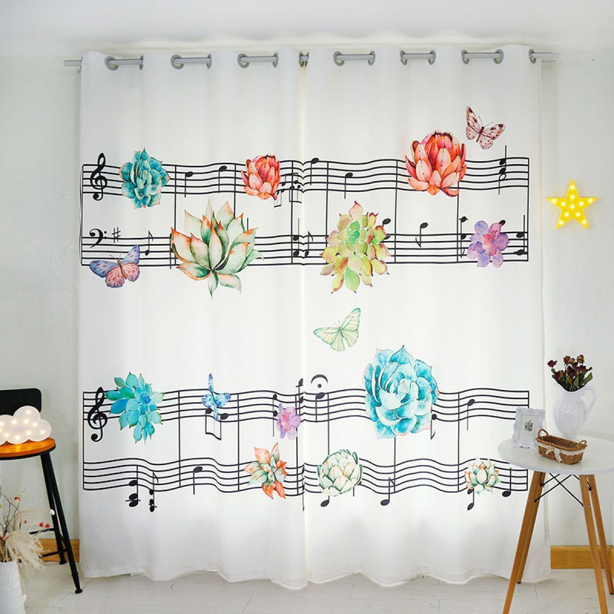 musical notes and flowers printed window curtain home decor 4465