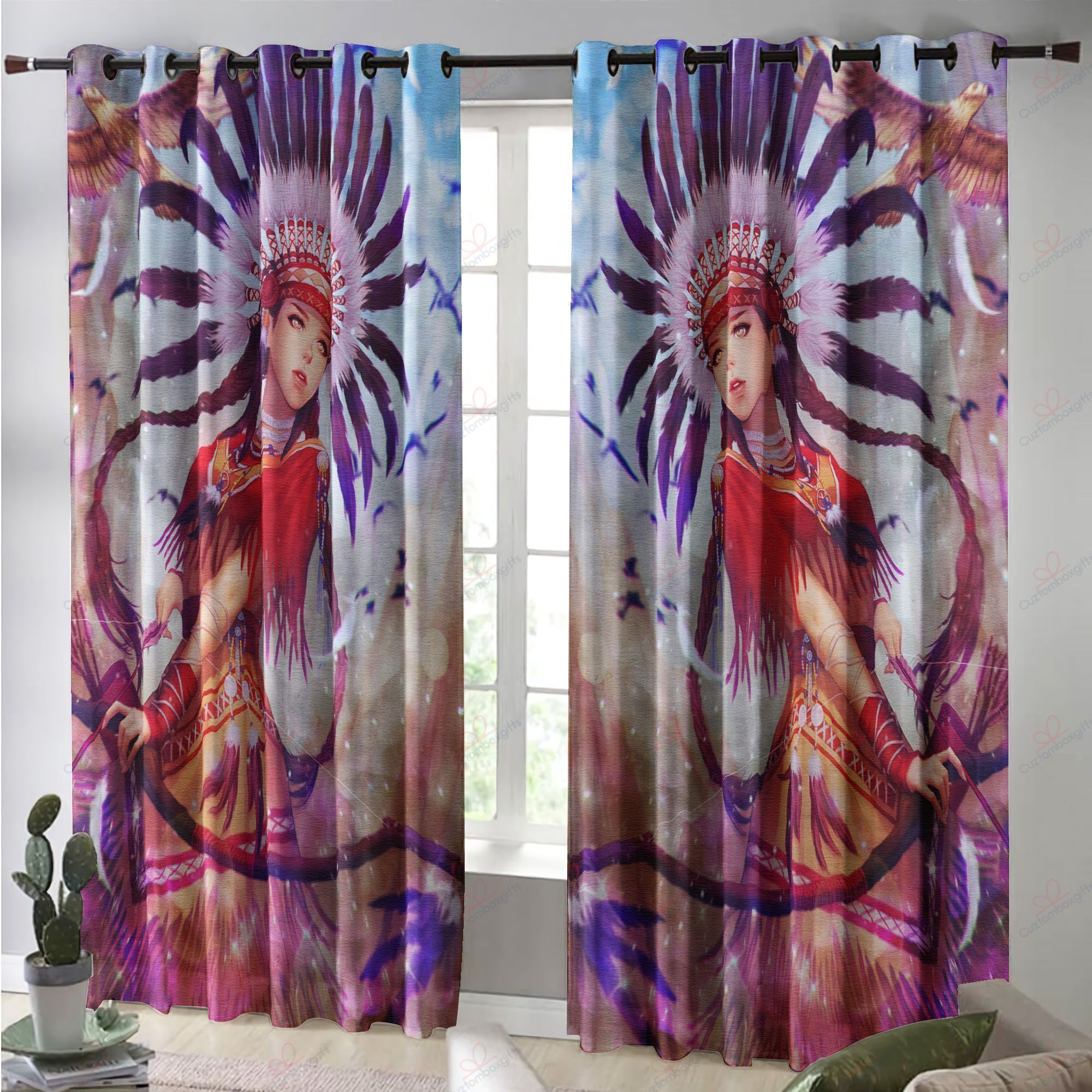 native american girl printed window curtain home decor 5848