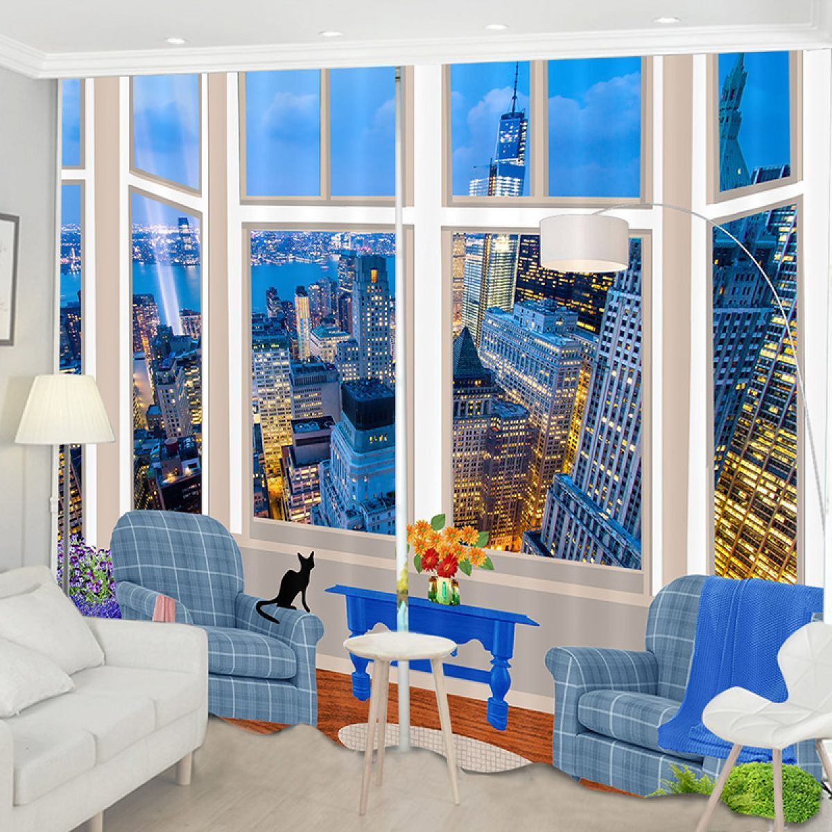 night modern city printed window curtain home decor 2074