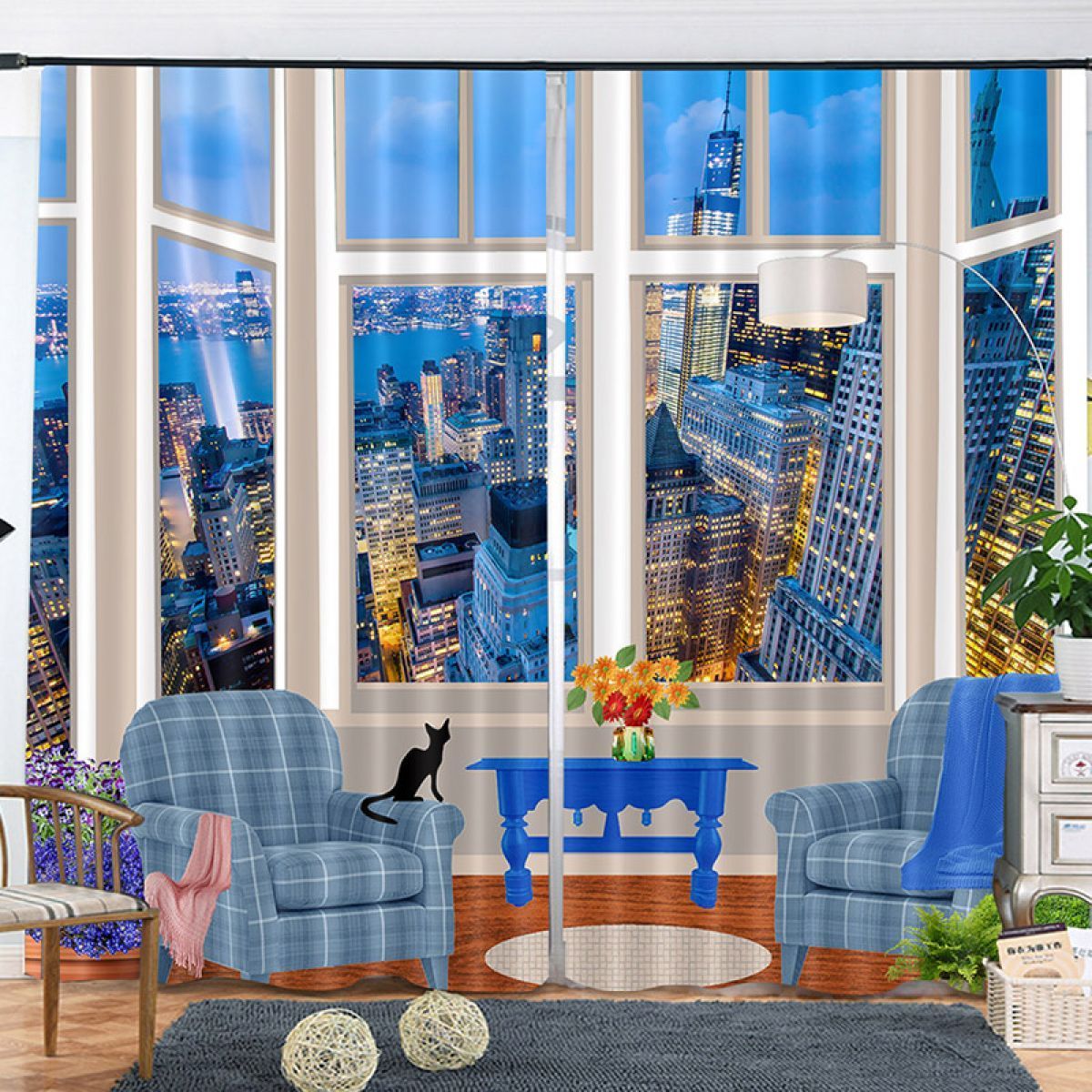 night modern city printed window curtain home decor 3702
