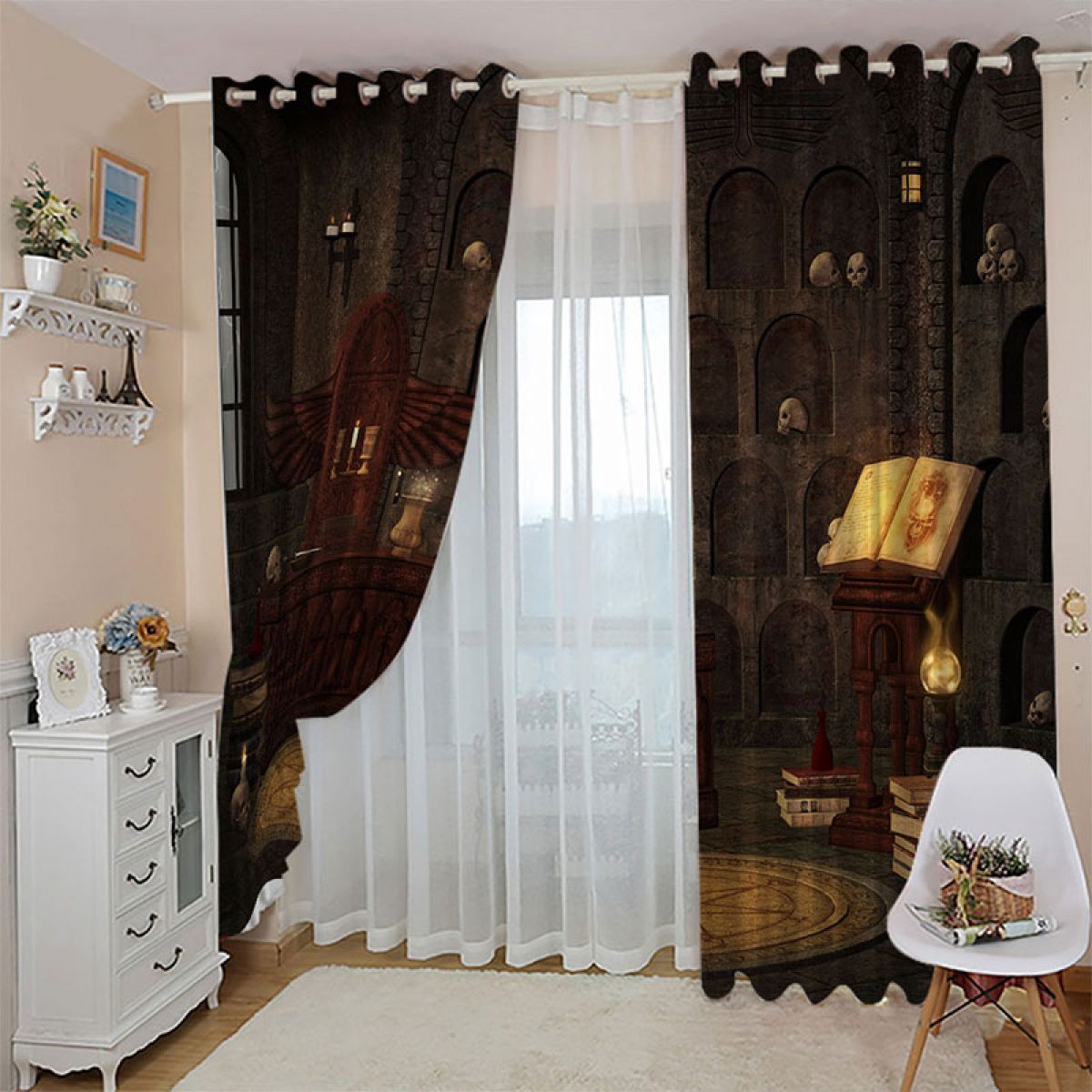 old magic book and skull printed window curtain home decor 2506