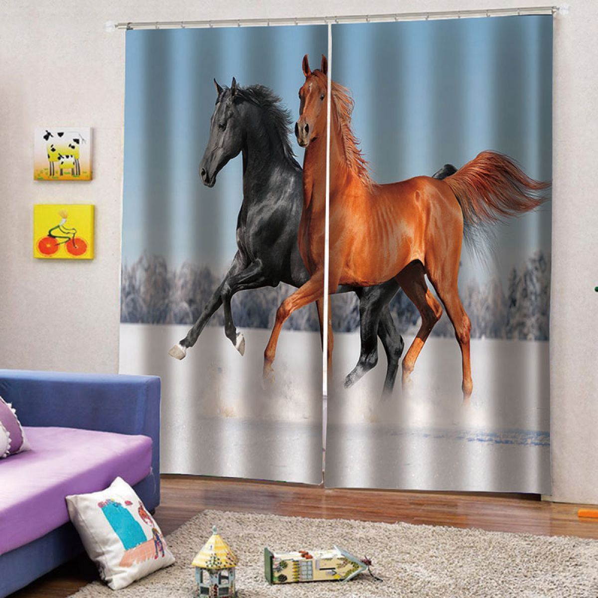 orange and black running horse printed window curtain home decor 7842
