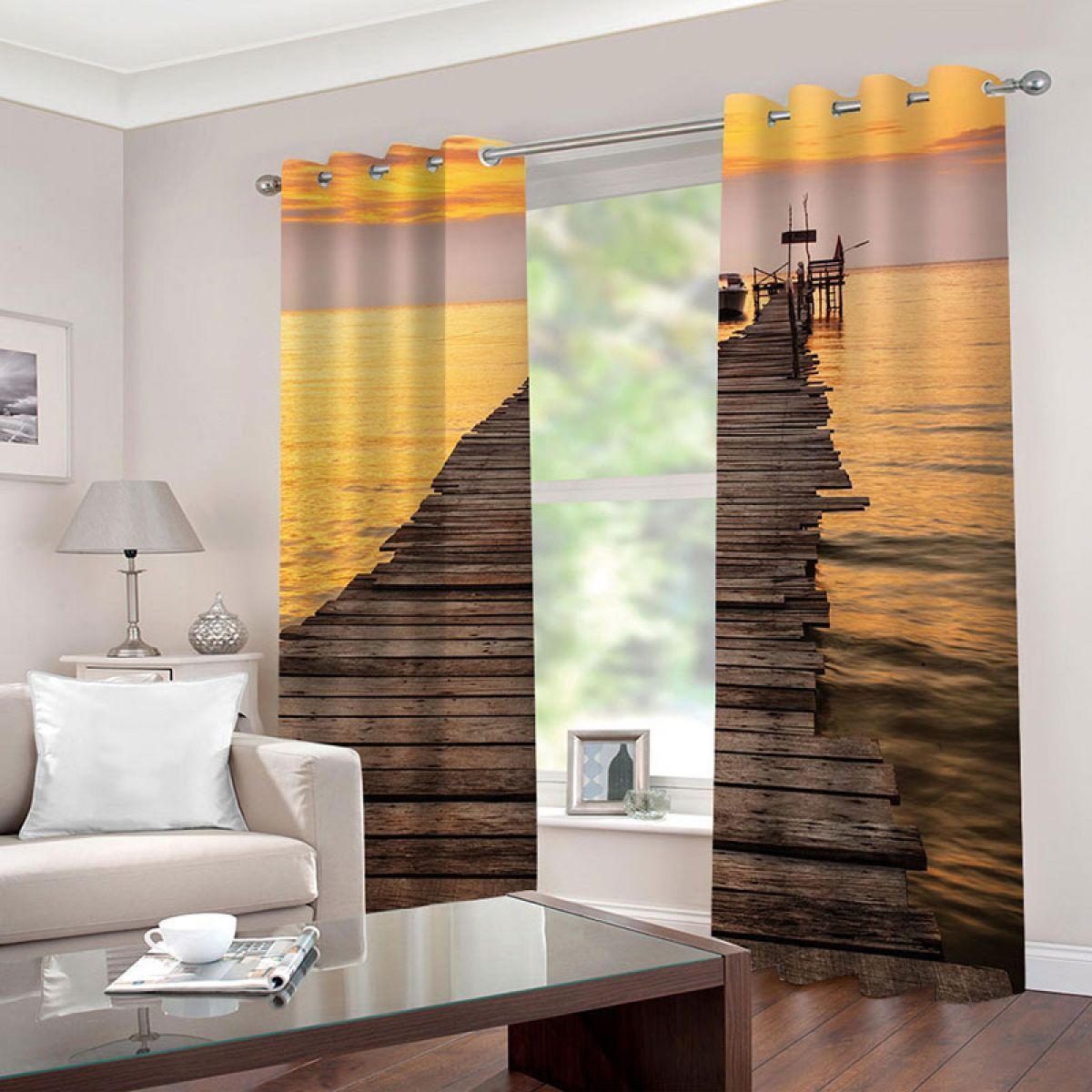 orange wood bridge on the ocean printed window curtain home decor 5174