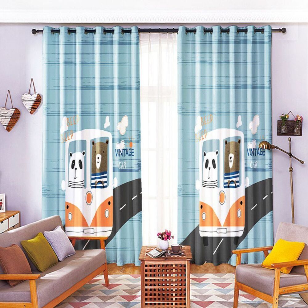 panda and bear with bus printed window curtain home decor 2849
