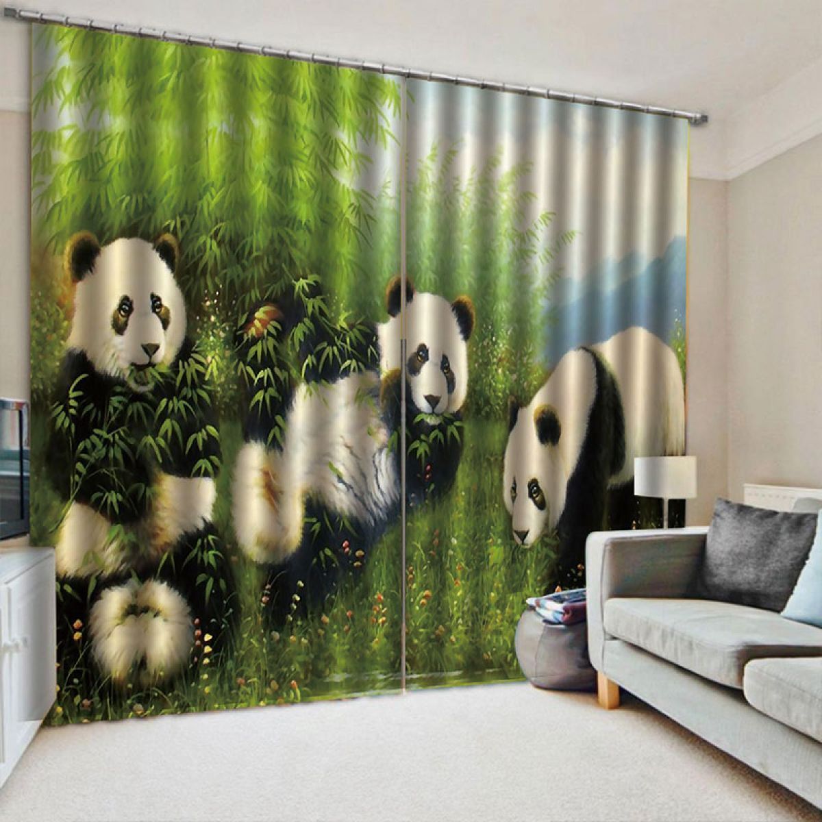 panda family and green bamboo tree printed window curtain home decor 2607
