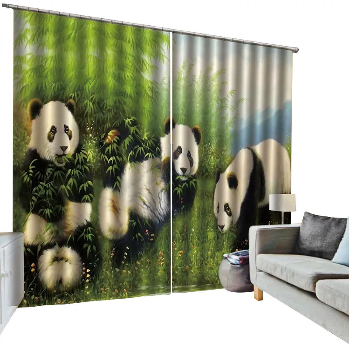 panda family and green bamboo tree printed window curtain home decor 8770