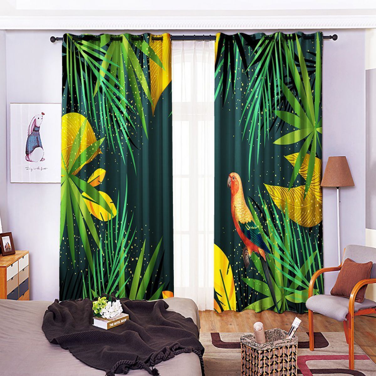 Parrot And Leaf Printed Window Curtain Home Decor parrot and leaf printed window curtain home decor 1359
