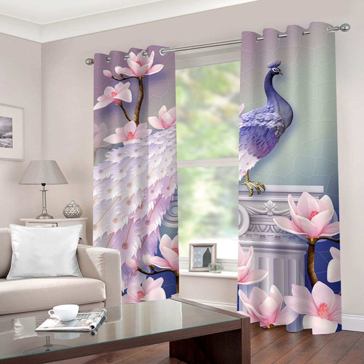 Peacock And Flowers Printed Window Curtain Home Decor peacock and flowers printed window curtain home decor 4988