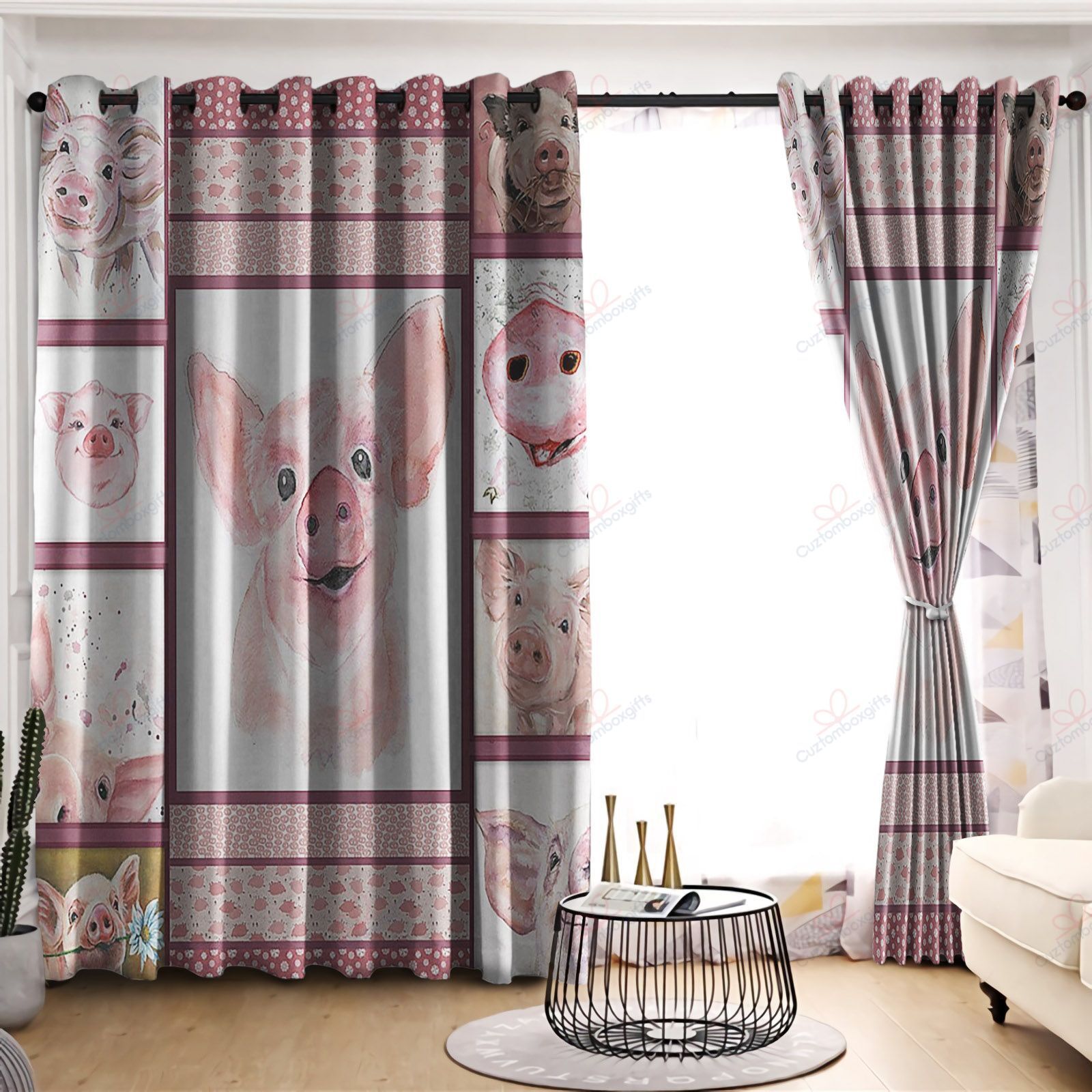 pig cute printed window curtains home decor 6947