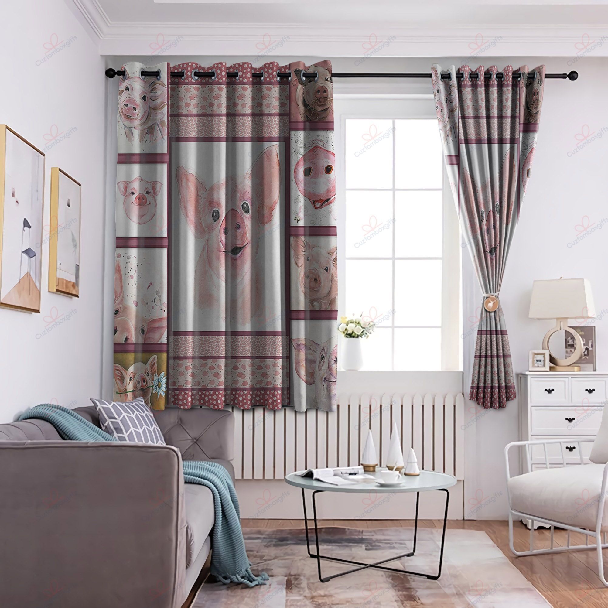 pig cute printed window curtains home decor 8898