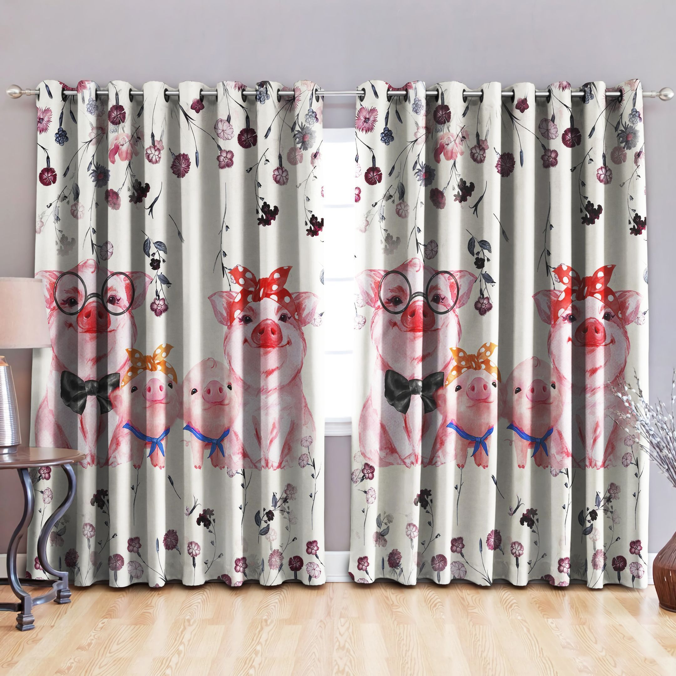 pig family floral printed window curtain home decor 8047