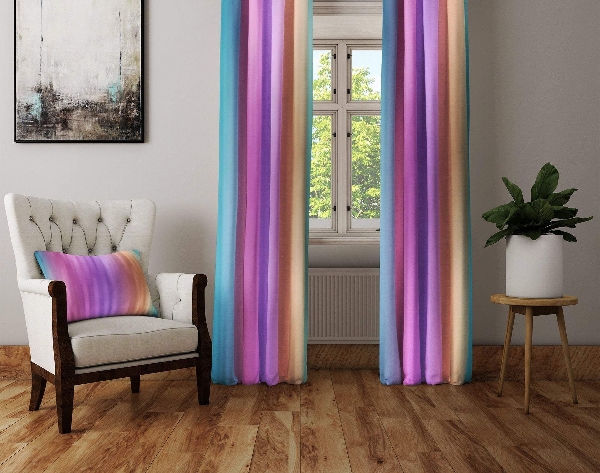 pink and purple striped watercolor boho printed window curtain 1590