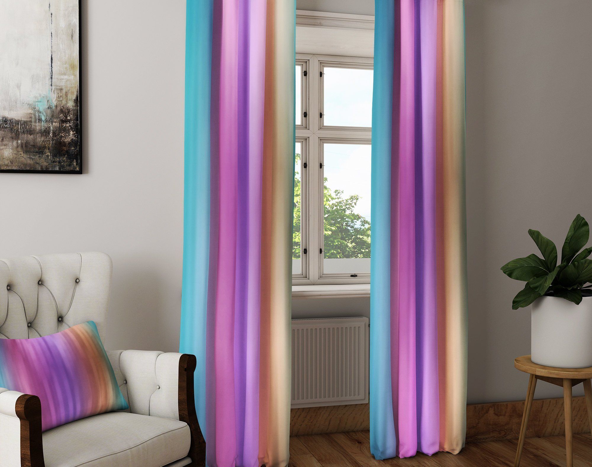 pink and purple striped watercolor boho printed window curtain 7681