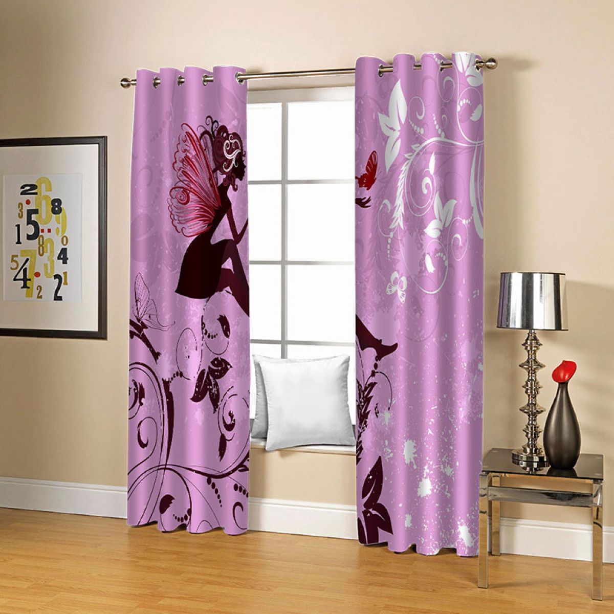 pink fairy and plant printed window curtain home decor 1461