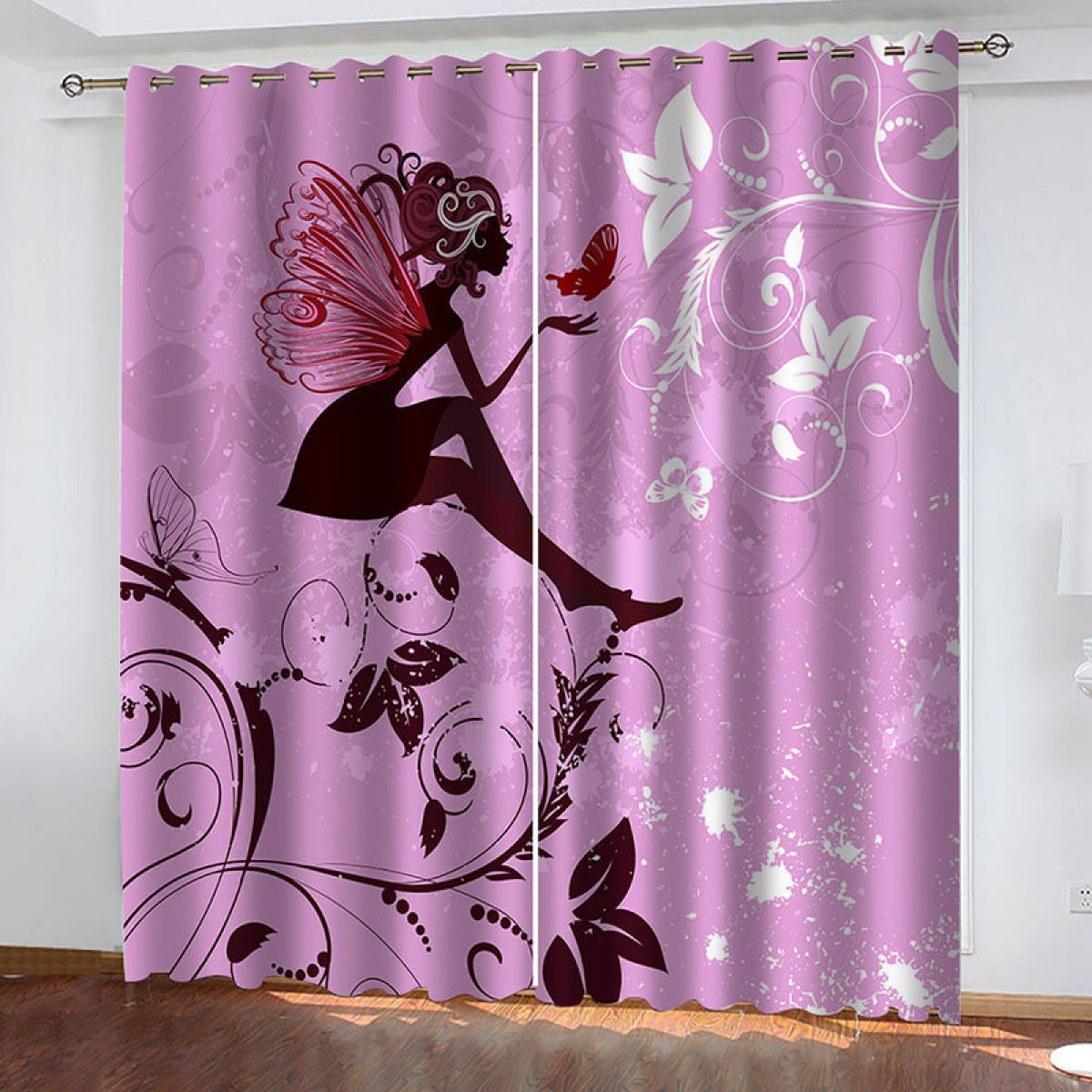 pink fairy and plant printed window curtain home decor 8890