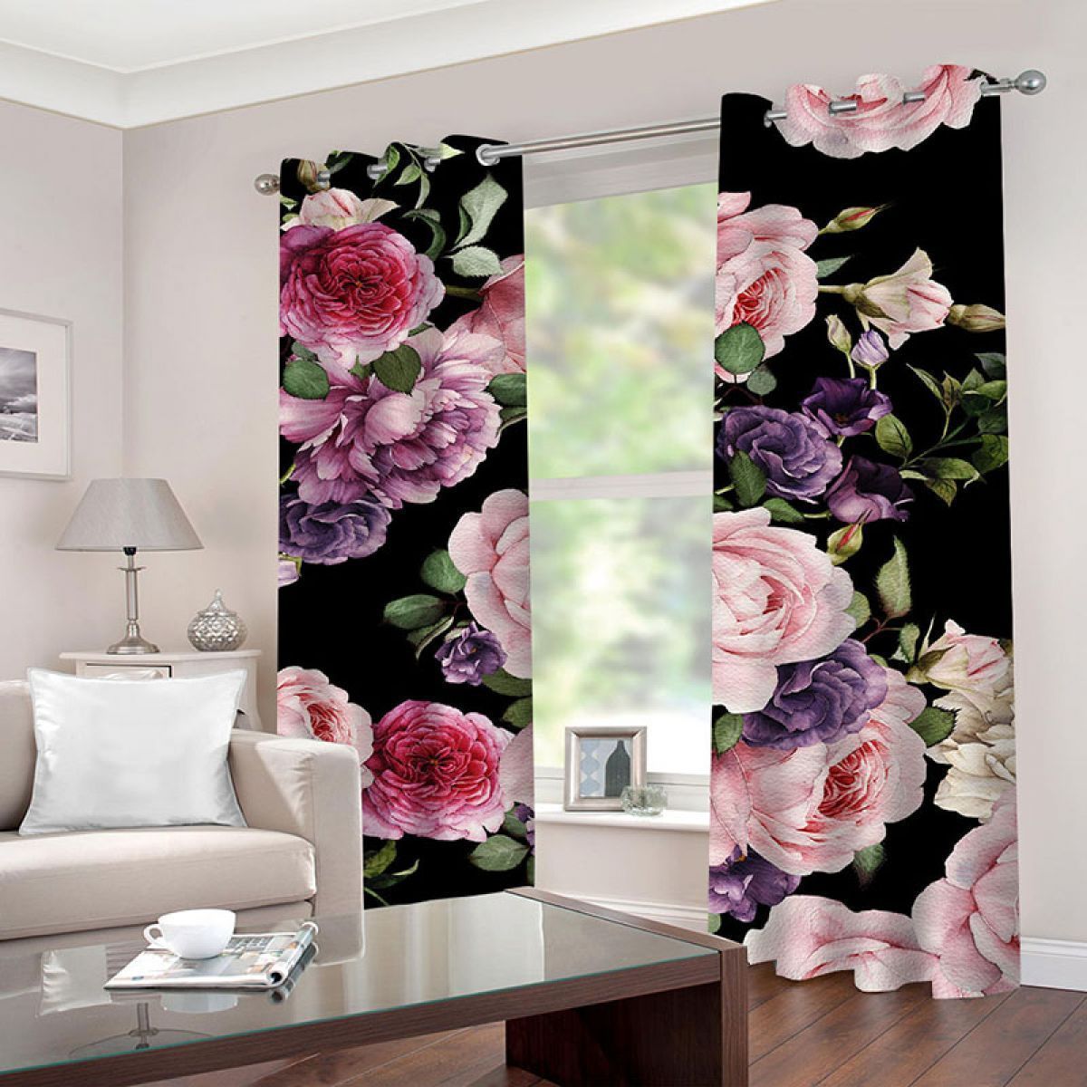 pink flowers blooms black background printed window curtain home decor 6440