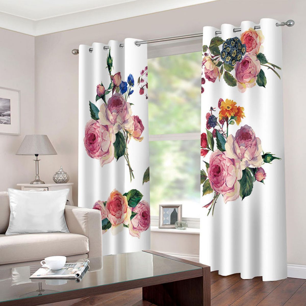 Pink Flowers In White Printed Window Curtain Home Decor pink flowers in white printed window curtain home decor 8551