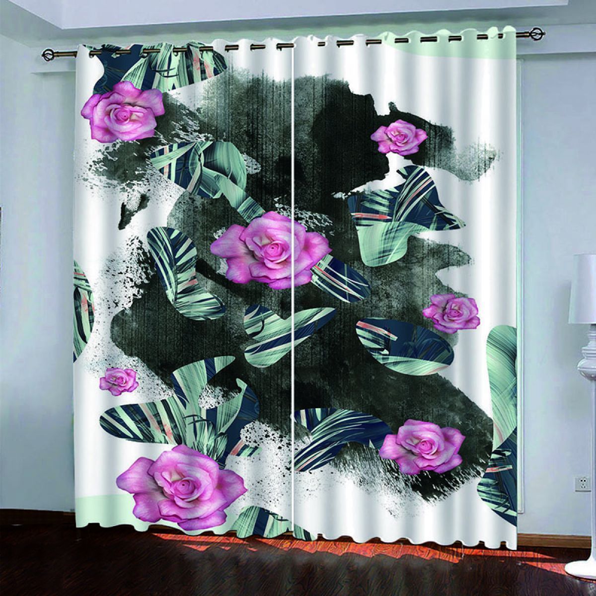 Pink Roses And Leaves Printed Window Curtain Home Decor pink roses and leaves printed window curtain home decor 4846