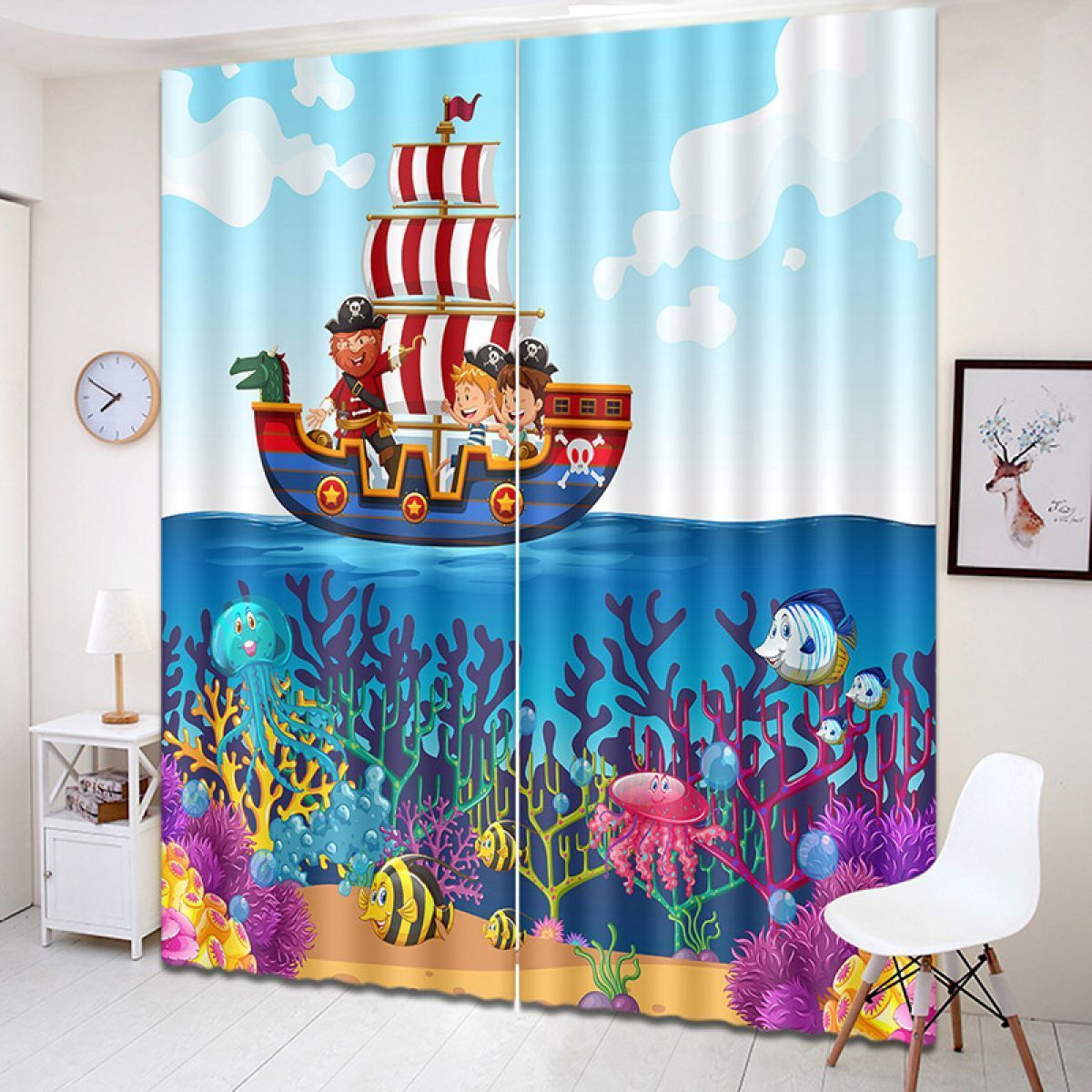 Pirate Ship Undersea World Printed Window Curtain Home Decor pirate ship undersea world printed window curtain home decor 2875