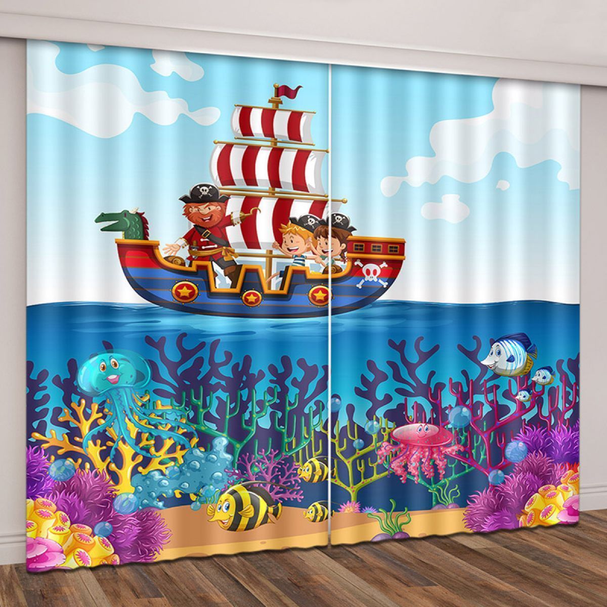 Pirate Ship Undersea World Printed Window Curtain Home Decor pirate ship undersea world printed window curtain home decor 3853