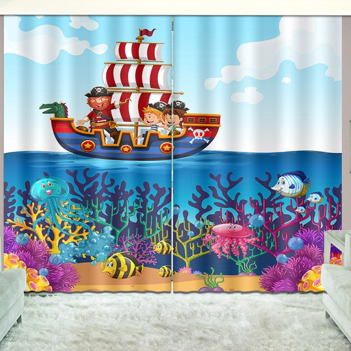 Pirate Ship Undersea World Printed Window Curtain Home Decor pirate ship undersea world printed window curtain home decor 7414