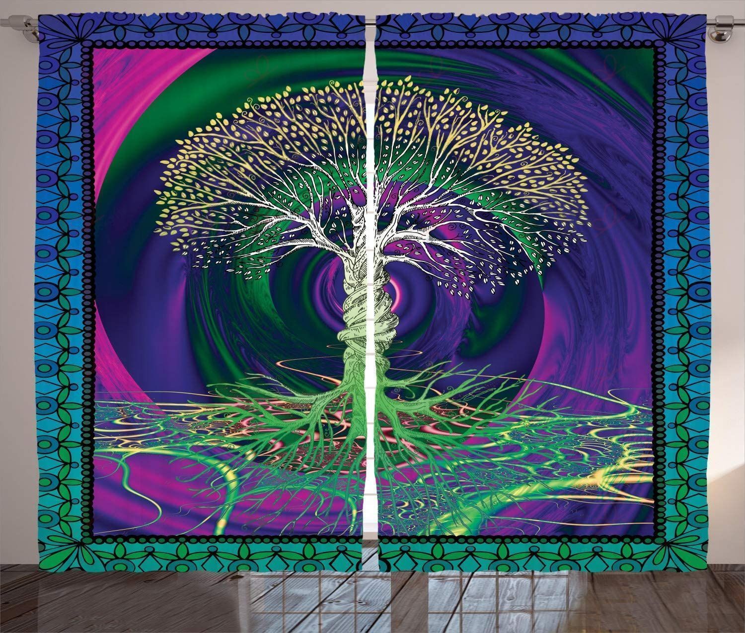 psychedelic tree of life with turning gothic mystery printed window curtain home decor 8291