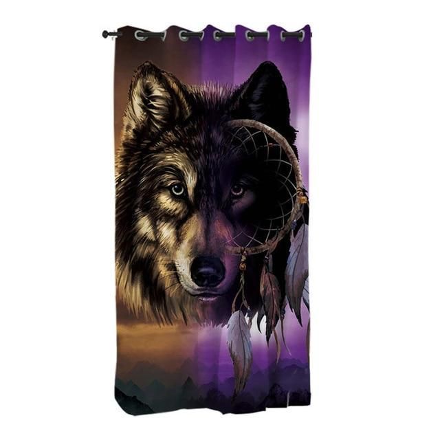 purple mountain wolf with mysterious dreamcatcher printed window curtains home decor 4857