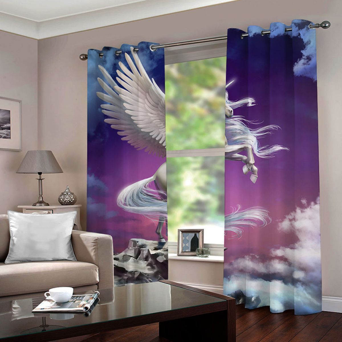 purple unicorn with wings printed window curtain home decor 6628