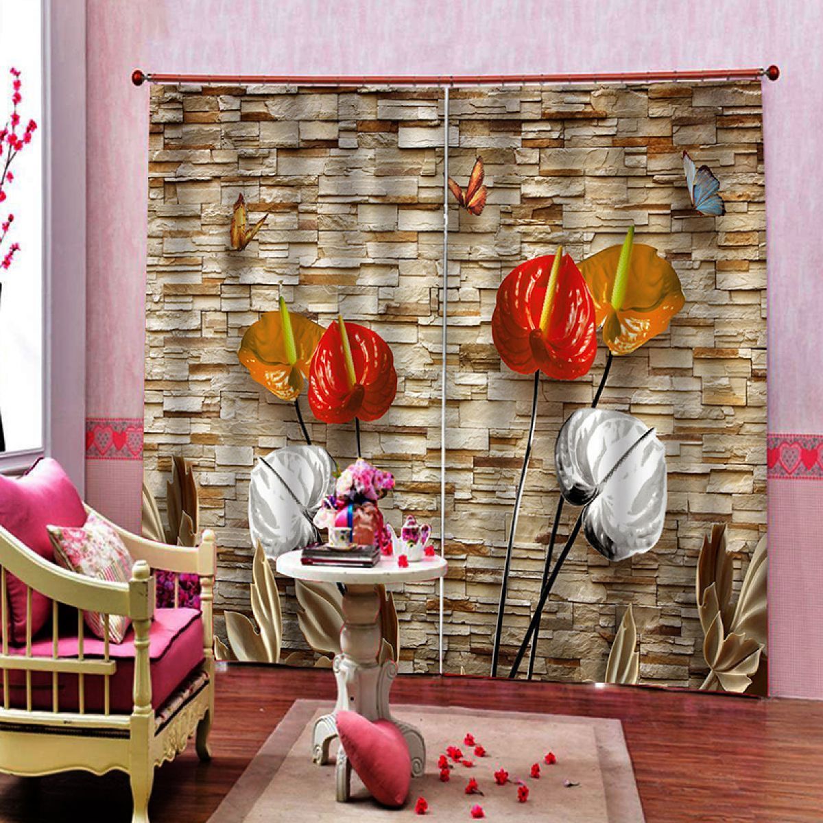 red flowers and butterflies printed window curtain home decor 7791