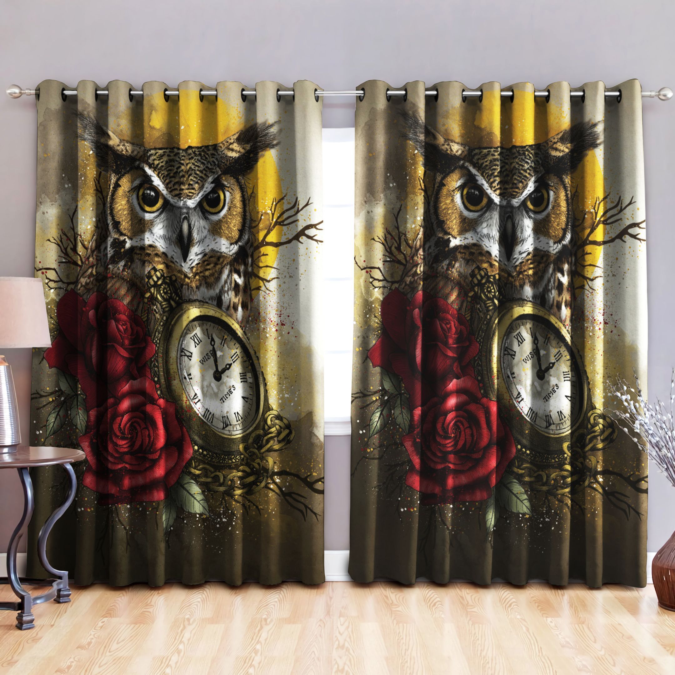 red rose clock owl printed window curtain home decor 7469