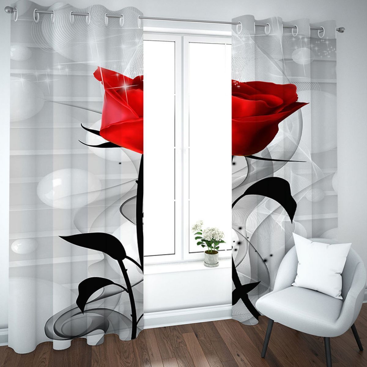 red rose grey background printed window curtain home decor 1148