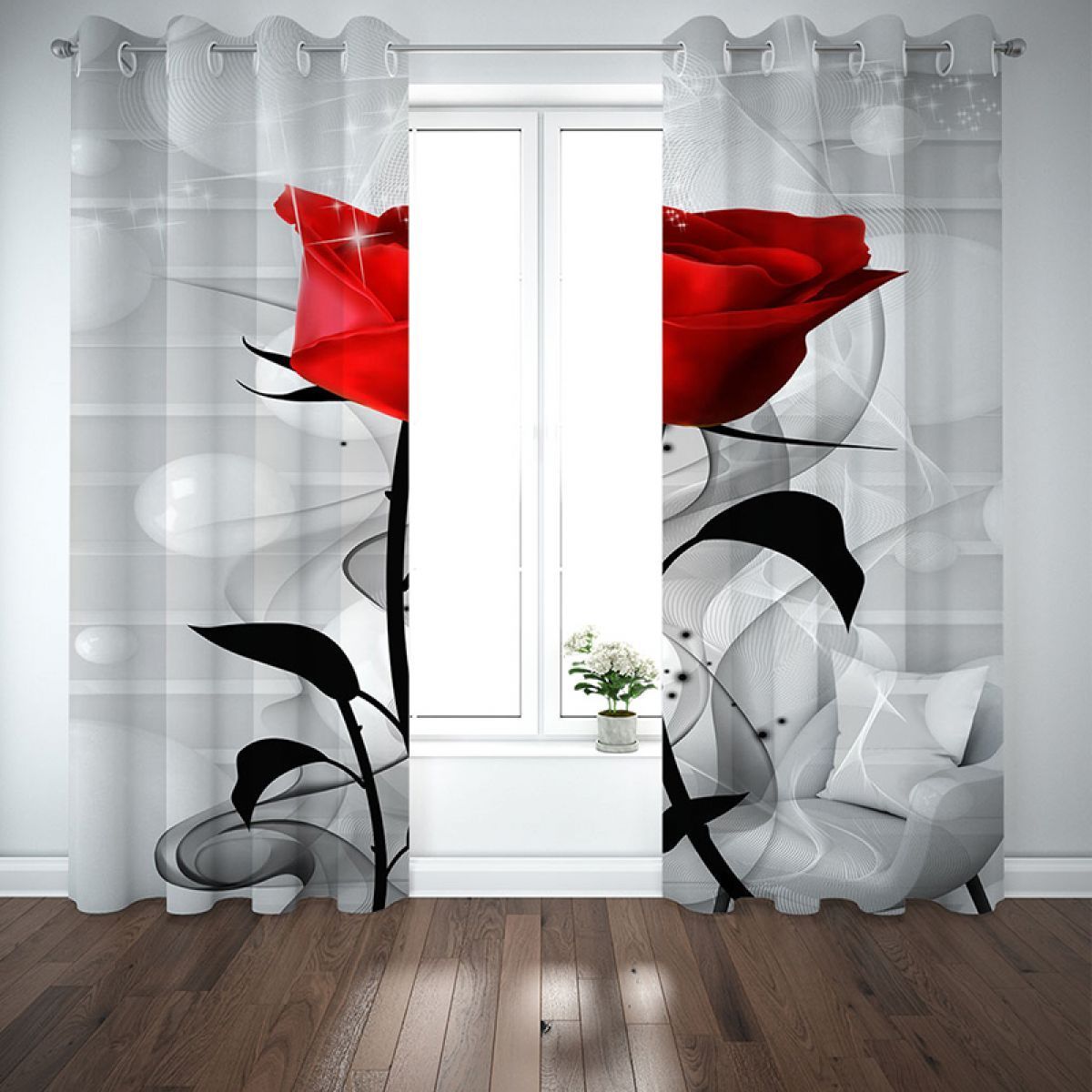 red rose grey background printed window curtain home decor 2254