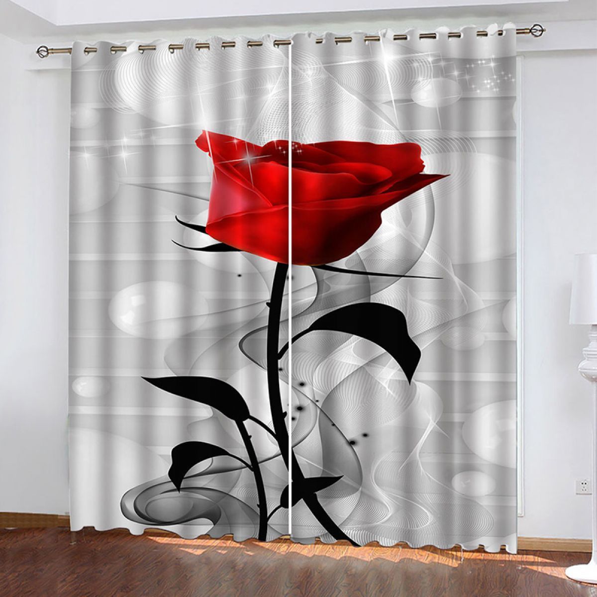 red rose grey background printed window curtain home decor 8028