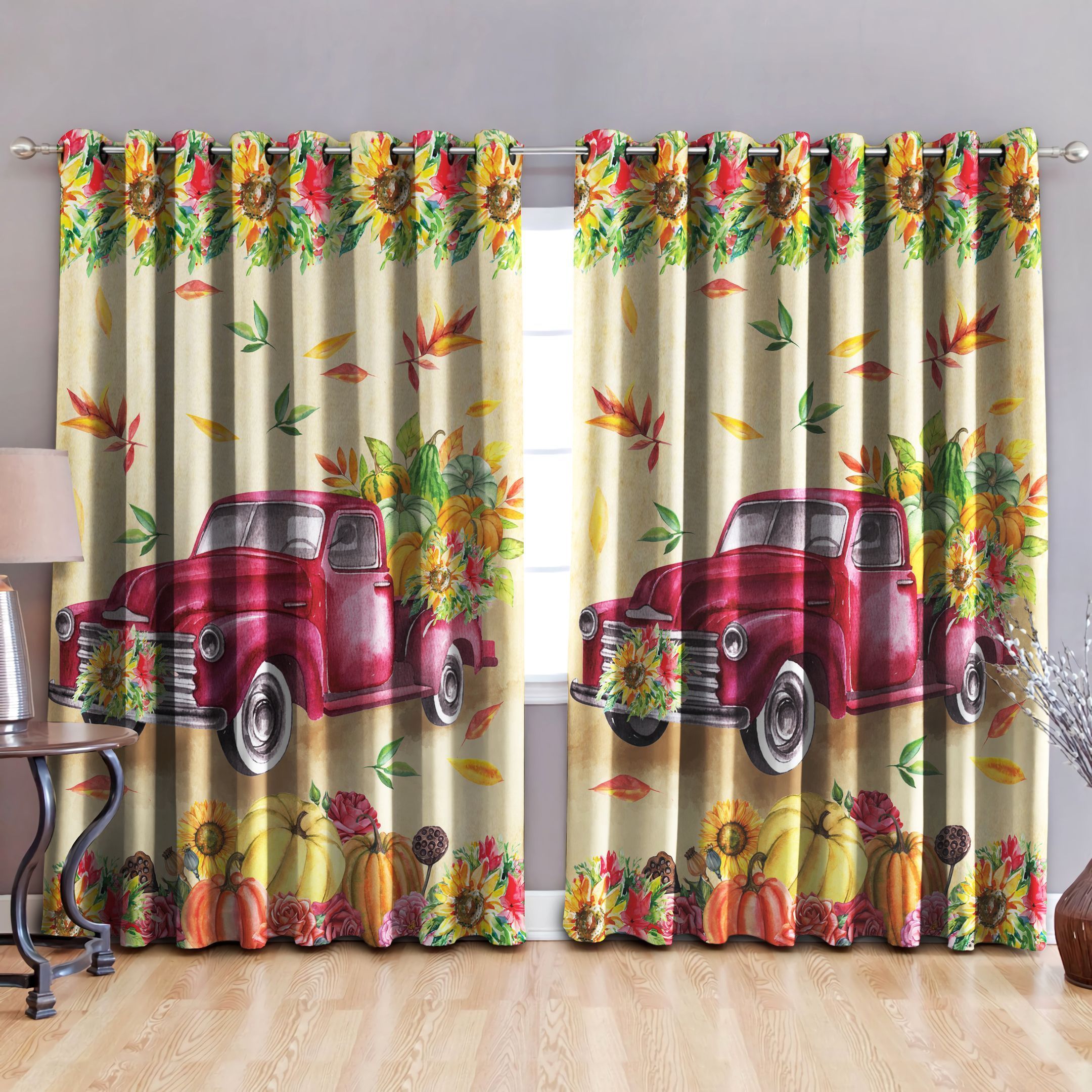 red truck farm printed window curtain home decor 4725