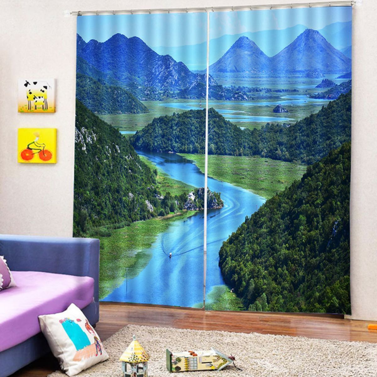 river among the mountains printed window curtain home decor 1945