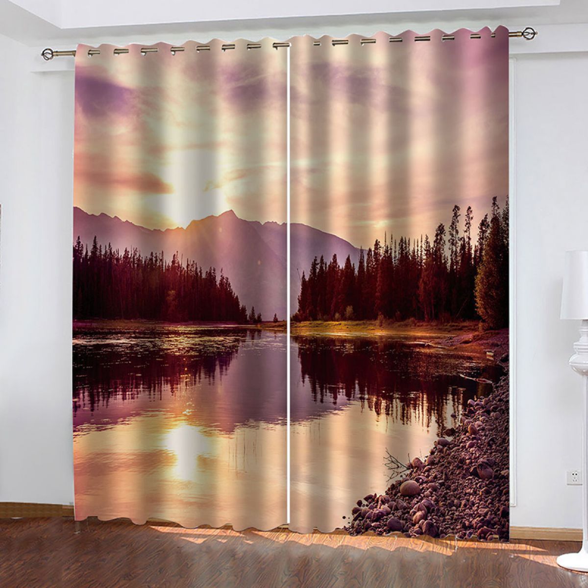 riverside forest at sunset printed window curtain home decor 3520