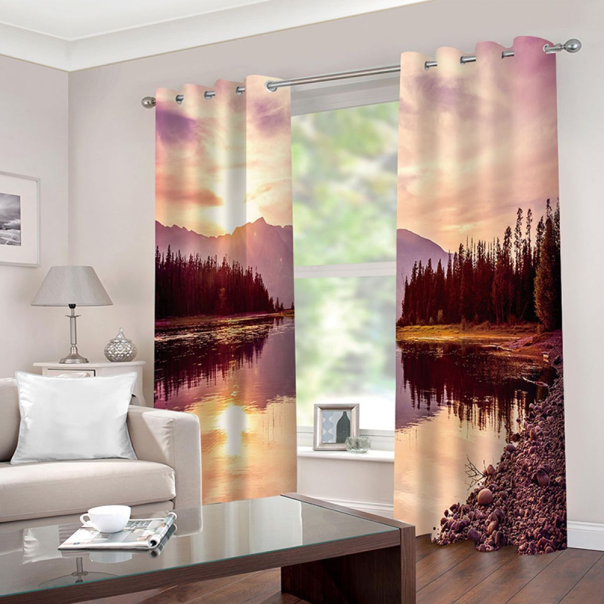 riverside forest at sunset printed window curtain home decor 8868