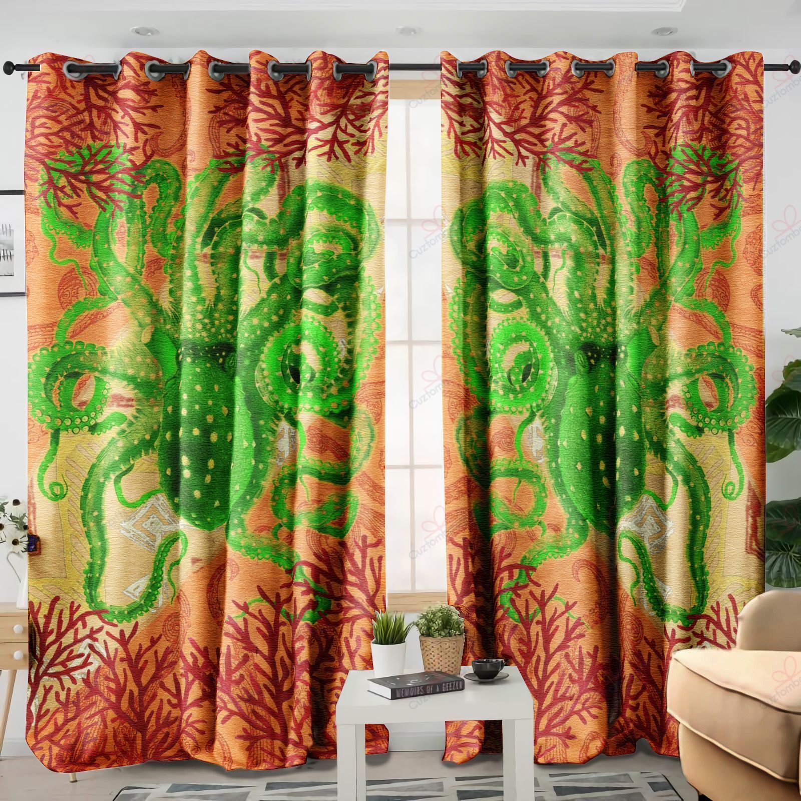 rustic octopus art printed window curtain home decor 2374