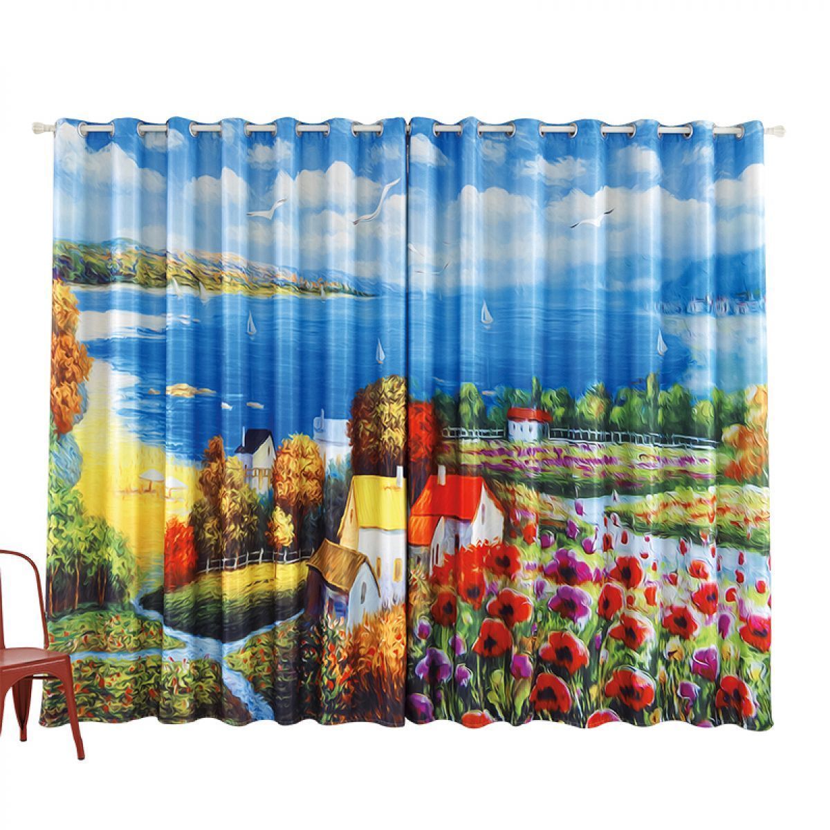 seaside and house printed window curtain home decor 1044