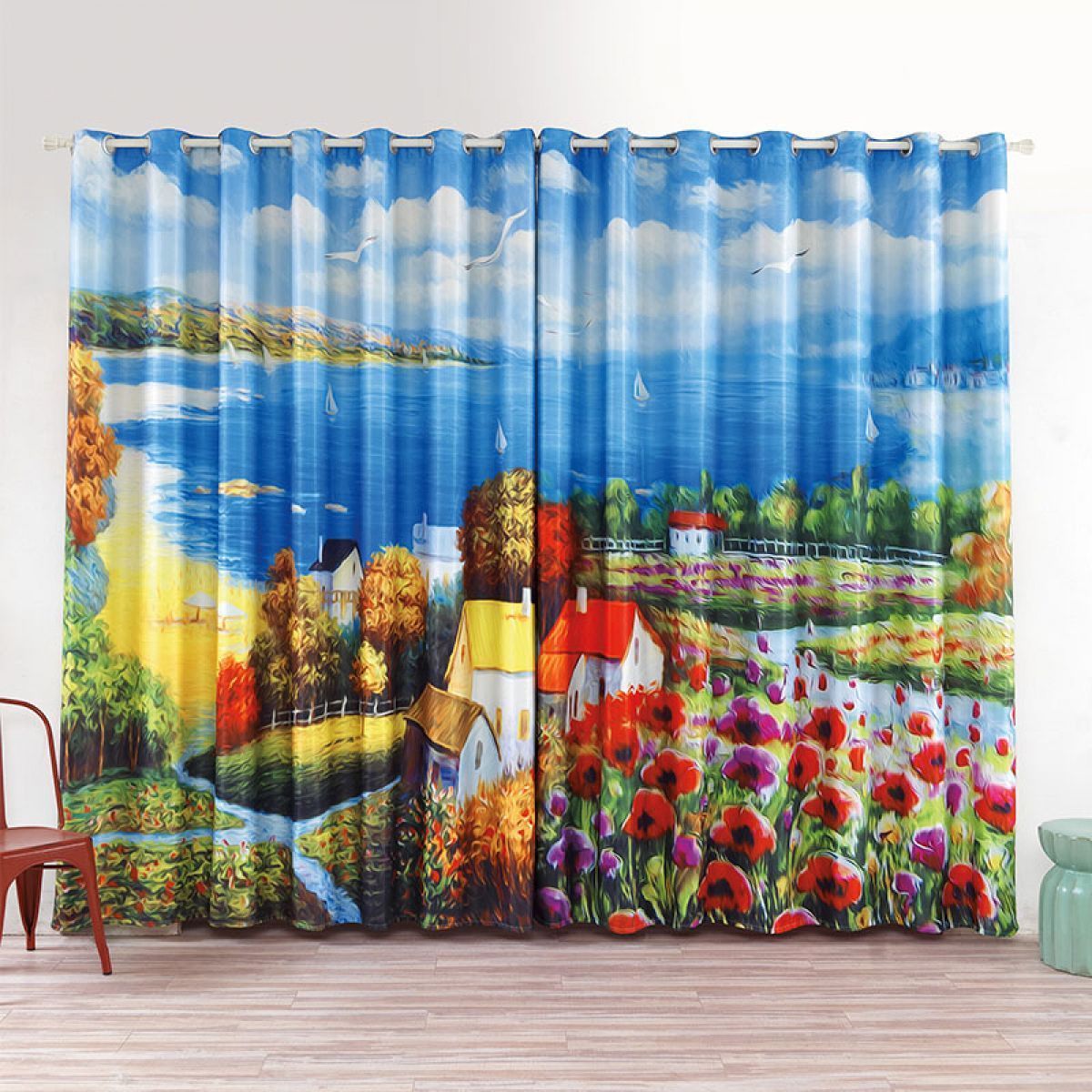 seaside and house printed window curtain home decor 5830