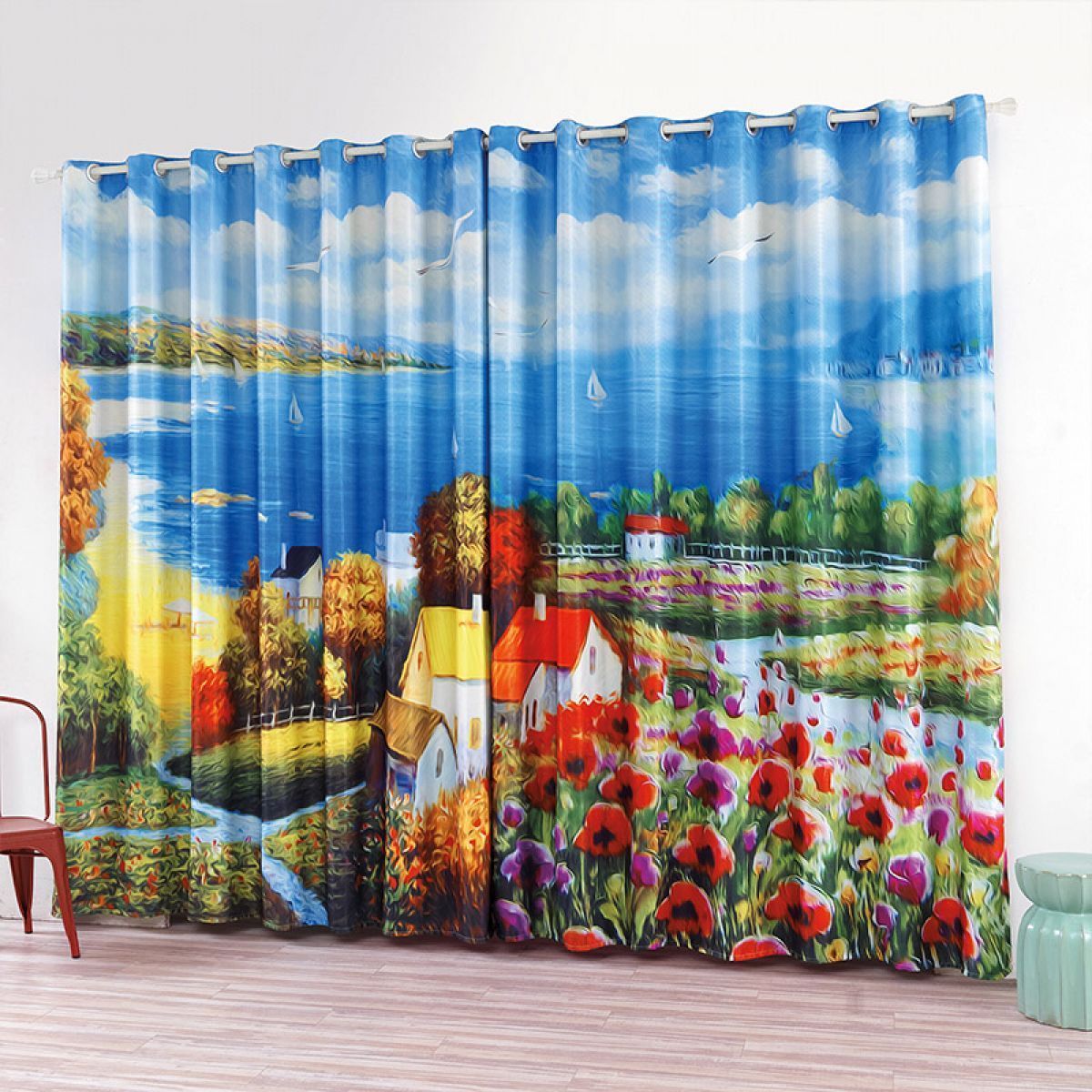 seaside and house printed window curtain home decor 7719
