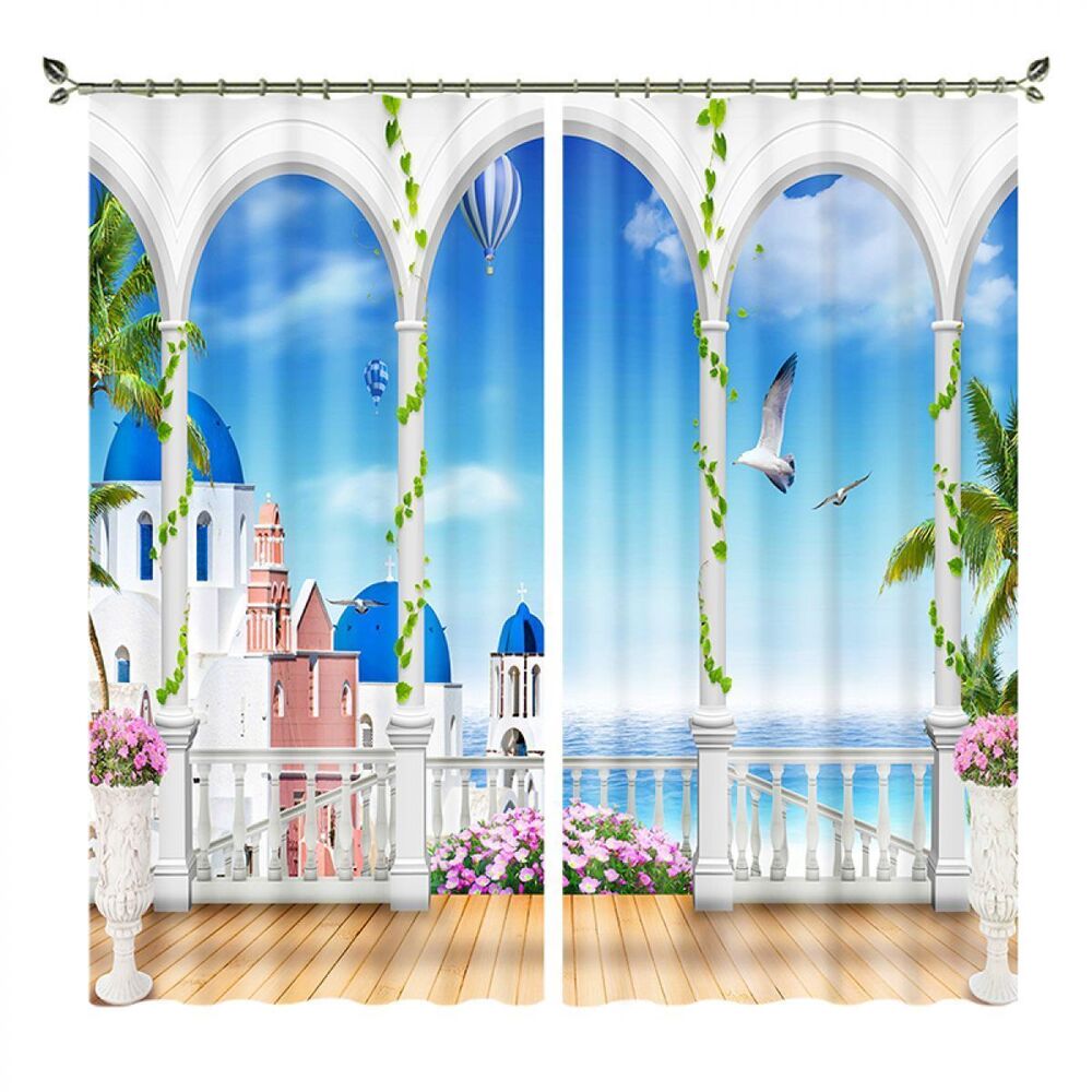 Seaside Buildings And Hot Air Balloons Balcony Printed Window Curtain Home Decor seaside buildings and hot air balloons balcony printed window curtain home decor 3606
