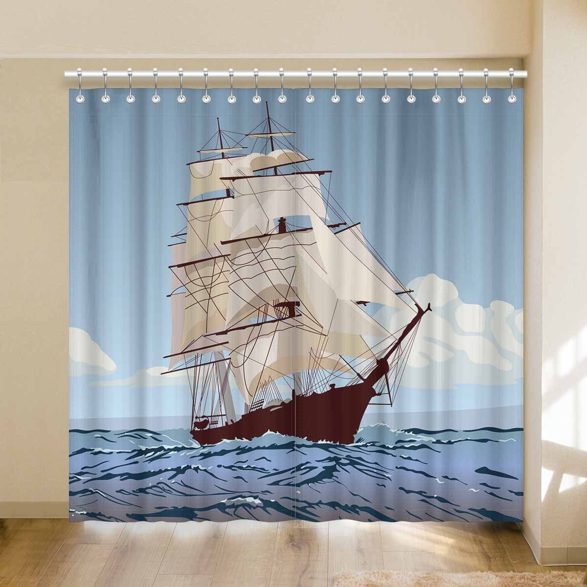 ship with sails running on the waves printed window curtain 6663